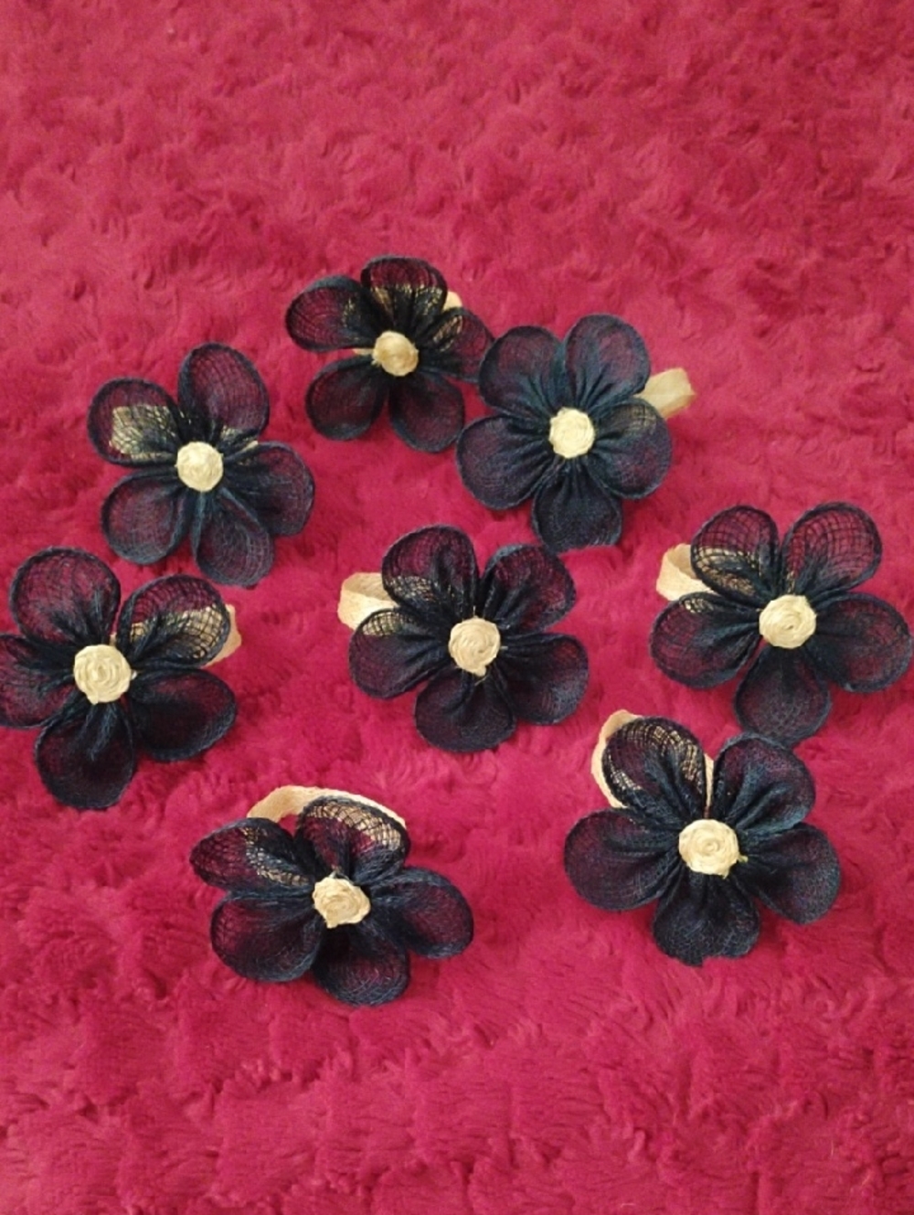 Burlap Jute Navy Blue Flower Napkin Rings Set Of 8